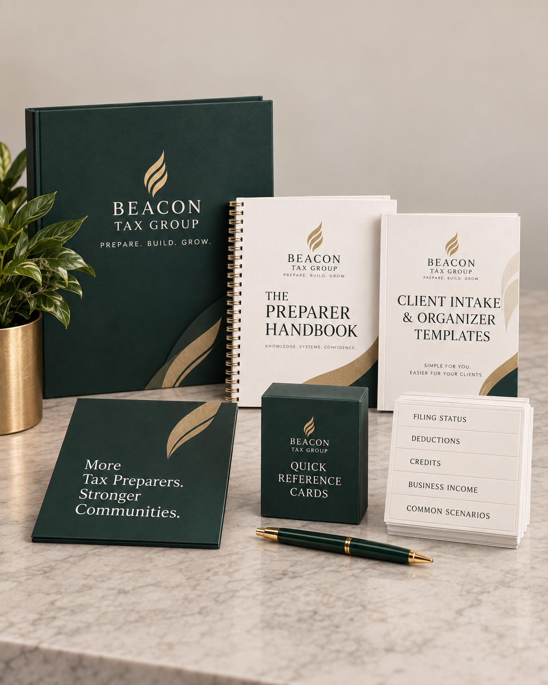 Beacon Tax Group printed handbook, card set, and branded packaging