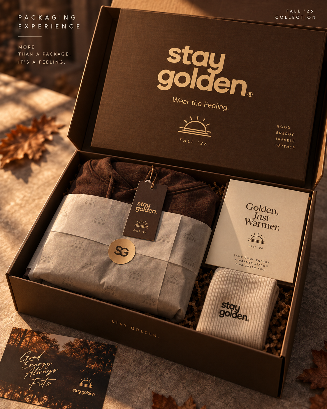 Stay Golden fall apparel gift box with clothing, socks, insert card, and packaging