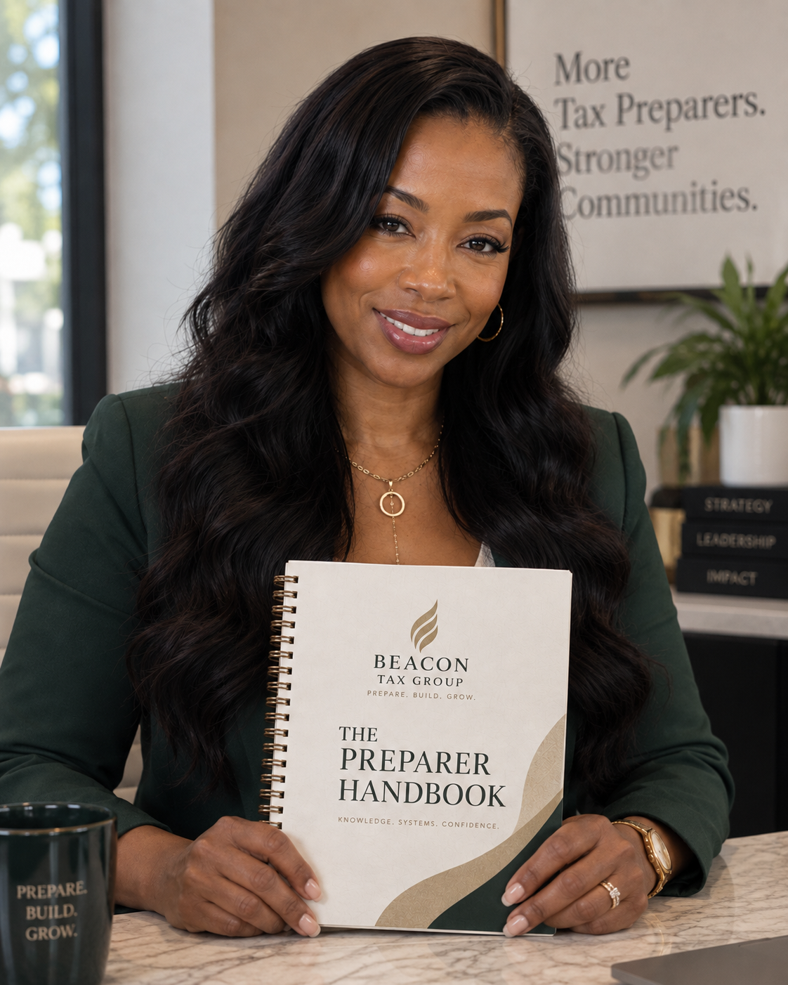 Woman holding the Beacon Tax Group preparer handbook
