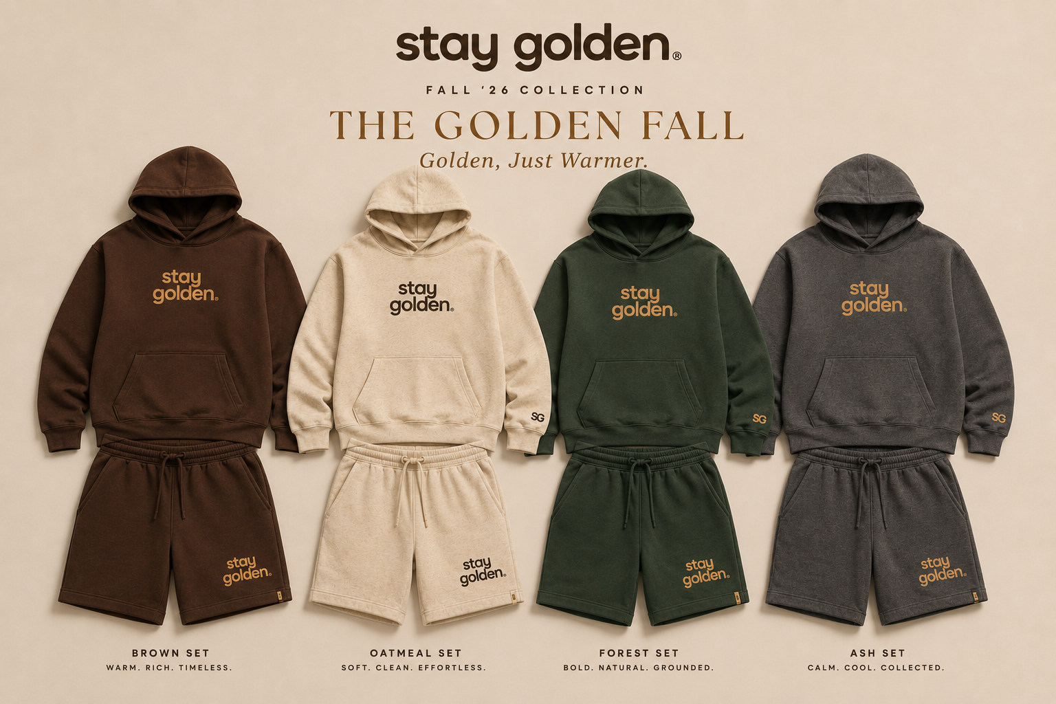 Four coordinated Stay Golden hoodie and short sets in brown, oatmeal, forest, and ash
